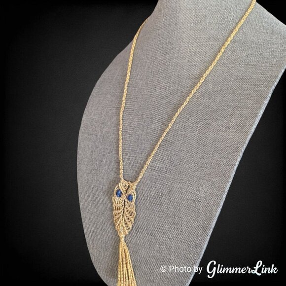 Macrame Crochet Owl Beaded Eyes Tassel Cord Necklace - Picture 4 of 11